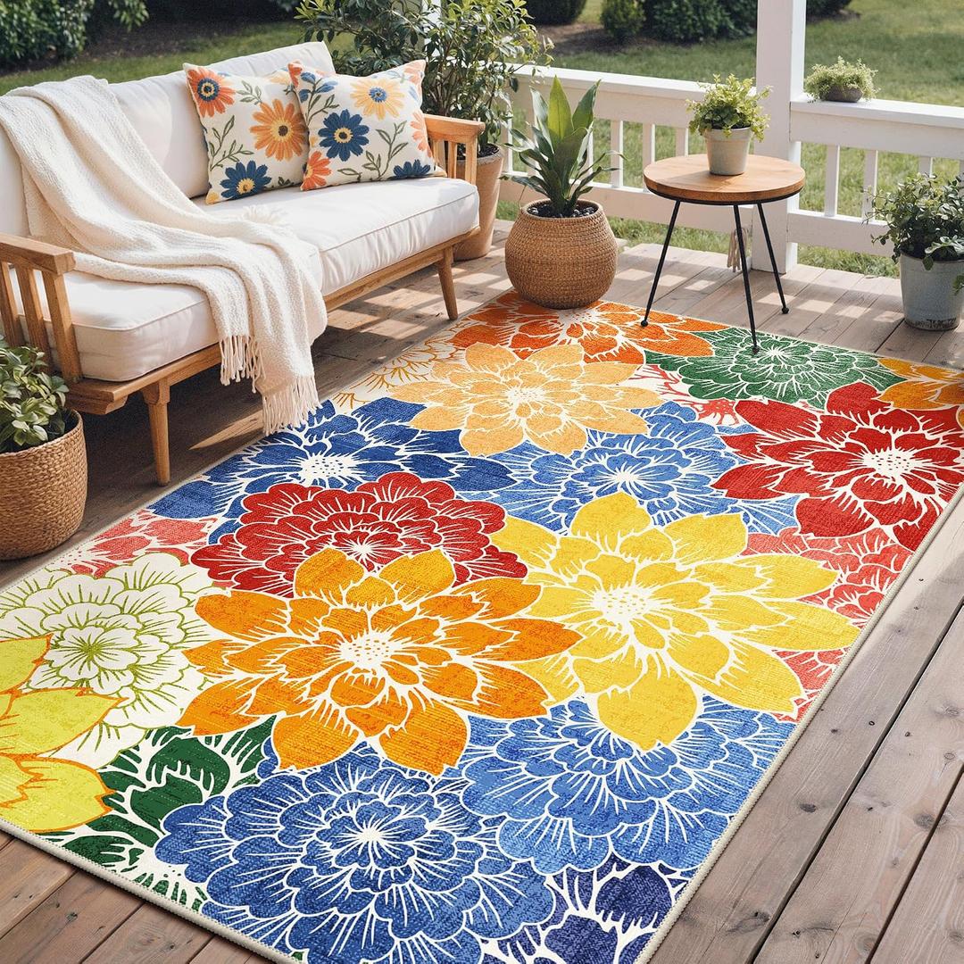 GENIMO Indoor Outdoor Area Rug 8'x10', Machine Washable Rugs for Patio, Waterproof, Non-Slip Easy Cleaning Floral Outdoor Mat Carpet for Living Room, Bedroom, RV, Balcony, Deck, Camping, Colorful