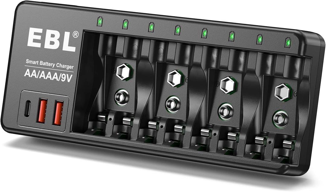EBL AA AAA 9V NiMH NiCD and 9V Li-ion Rechargeable Battery Charger, with 2 USB-A & 1 USB-C Ports