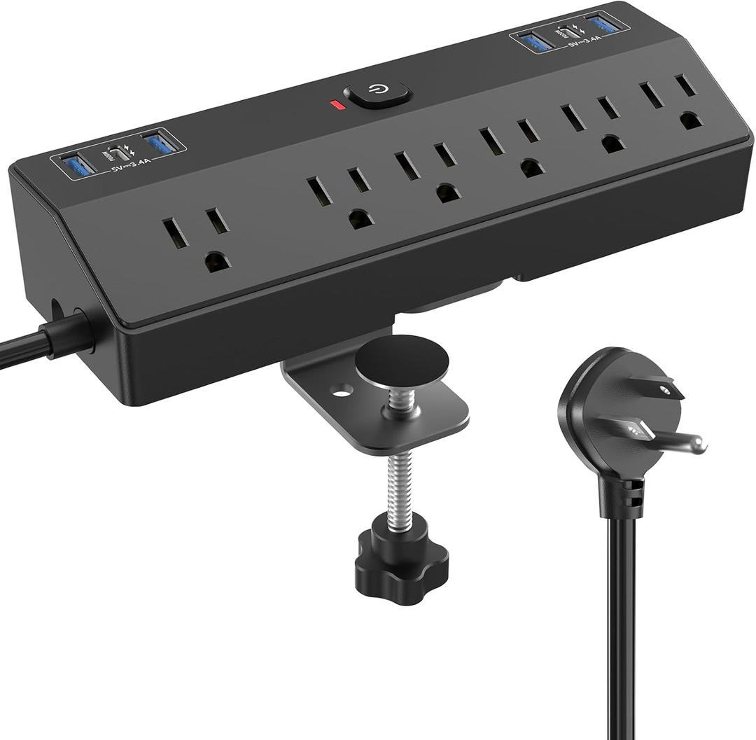 Desk Clamp Power Strip with 40W Fast Charging Station, JXGUCAT Removable Flat Plug Desk Mount Power Strip Surge Protector, 10FT Extension Cord with 2 USB-C Ports 6 Outlets, Fits 1.8" Tabletop Edge