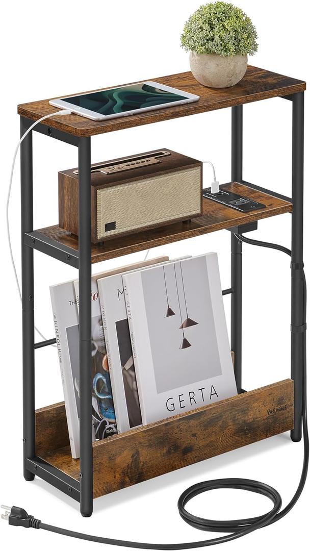 VASAGLE Side Table with Charging Station, Narrow End Table, 3-Tier Nightstand, Sofa Table for Small Spaces, Magazine Rack, for Living Room, Bedroom, Study, Rustic Brown and Ink Black ULET335K01 (Rustic Brown + Ink Black)