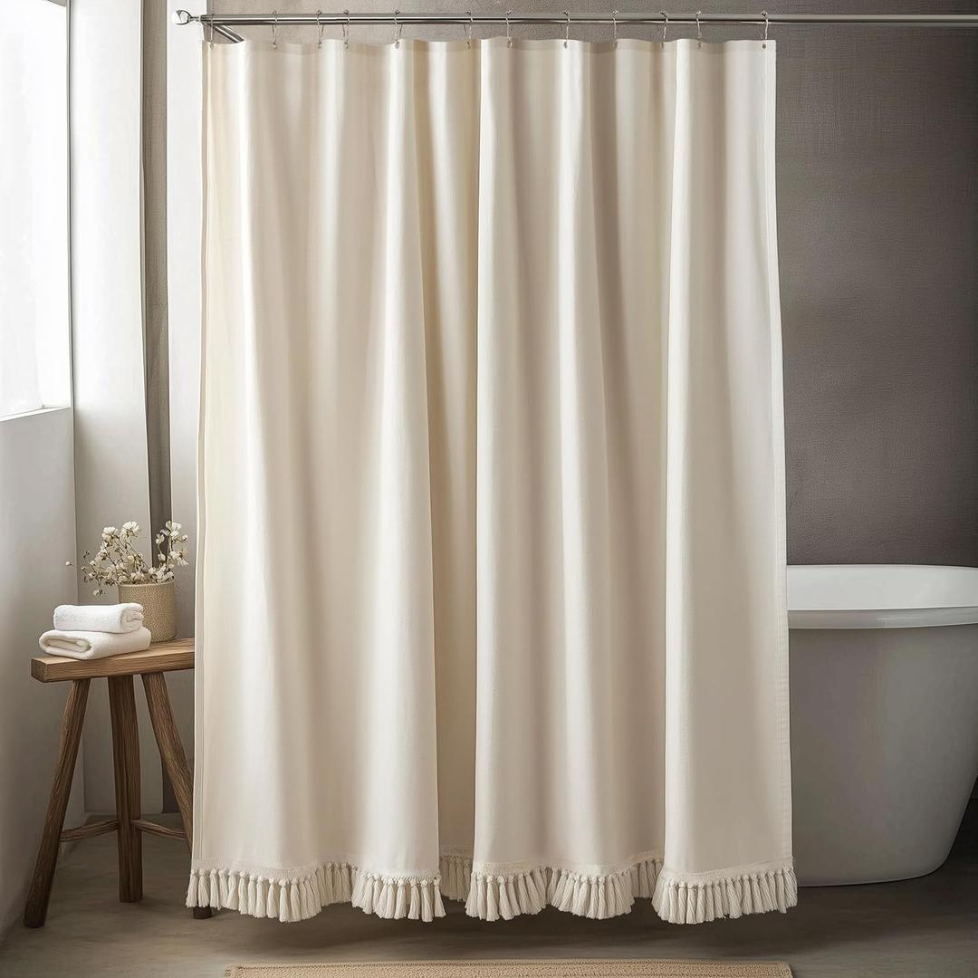 Linen Shower Curtain Boho Beige Shower Curtains for Bathroom Thick Fabric Shower Curtain with Tassels Neutral Shower Curtains Rustic Farmhouse Bath Decor 72 Inch