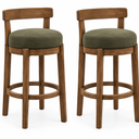 Merax Bar Stools Set of 2, Mid Century Upholstered Barstools in Rubber Wood Frame with Low Back, 26.3" Seat Height Counter Stools with Ring Footrest for Dining Room, Dark Walnut+ Green