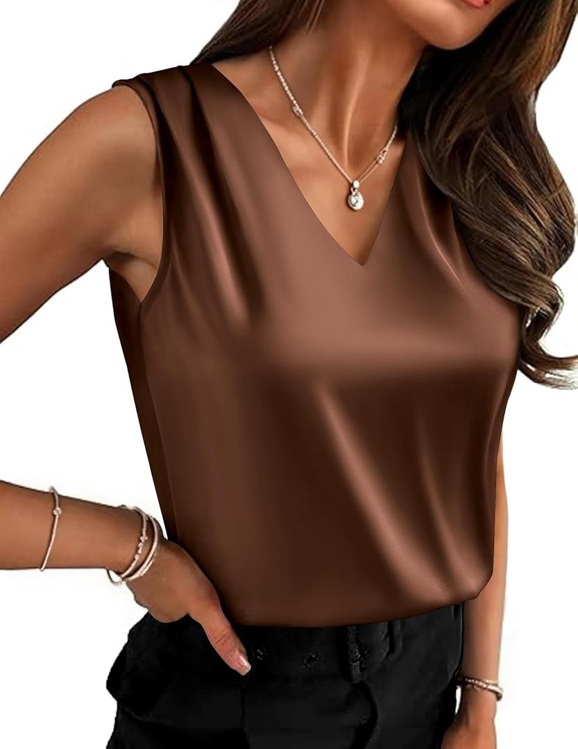 Zeagoo Women's Silk Satin Camisole Tank Tops V Neck Pleated Dressy Casual Sleeveless Blouses Summer Business Work Shirts (Large, Brown)