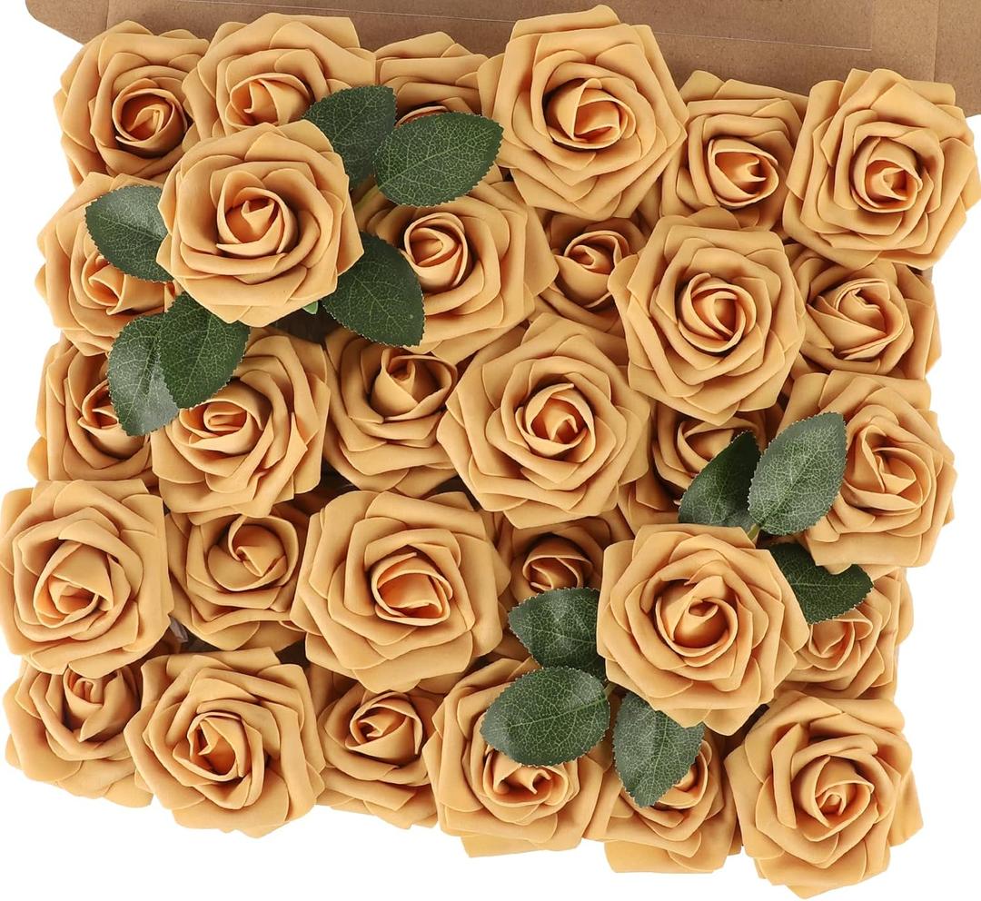 MACTING 30PCS Artificial Flower Roses Real Touch Fake Rose Flowers with Stem Foam Roses for DIY Wedding Bouquet Table Centerpieces Party Baby Shower Spring Home Valentines Day Decorations,Gold Yellow