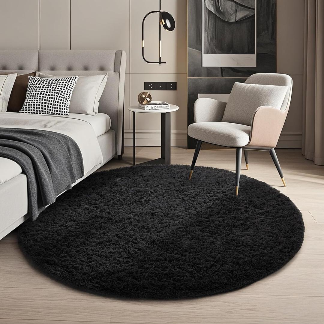 Ophanie Round Rug 4Ft Black Circle Area Rug, Room Decor for Men, Fluffy Fuzzy Bedroom Carpet, Plush Soft Shaggy Living Room Rugs for Kids Home Decor Aesthetic, Nursery