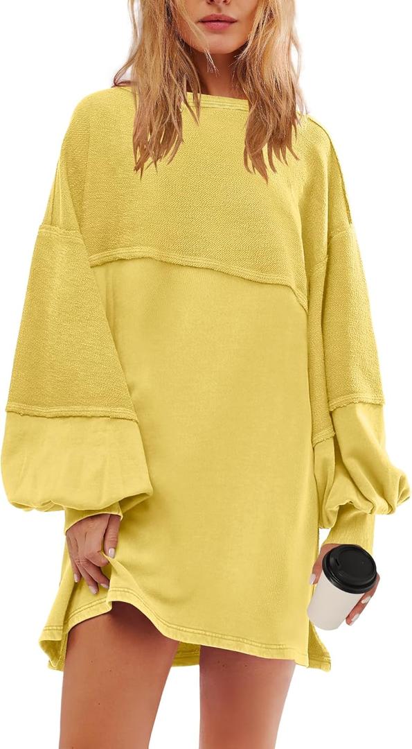 Panadila Womens Oversized Long Sleeve Patchwork Sweatshirt Dress Crewneck Tunic Sweatshirts Fall Loose Pullover Top (Yellow, S)