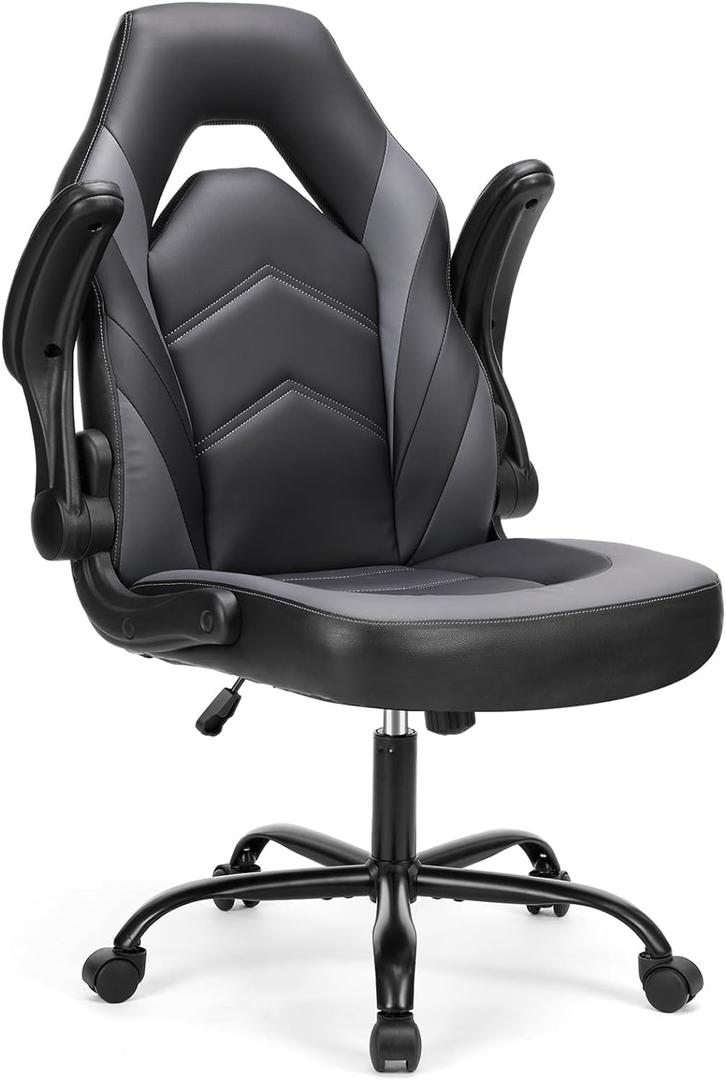Sweetcrispy Computer Gaming Desk Chair - Ergonomic PU Leather with Comfy Lumbar Support, Height Adjustable Rolling Desk with Flip-up Armrests, for Home and Office (Grey)