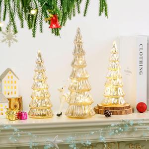 Gold Mercury Glass Christmas Tree Set of 3, Light up Christmas Trees for Holiday Tabletop Centerpiece Mantel Decor (Height12-9-9inch)