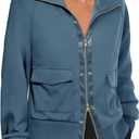 Fisoew Women's Zip up Sweatshirt Collared Neck Long Sleeve Loose Casual Lightweight Jacket with Pockets (Medium, Blue)