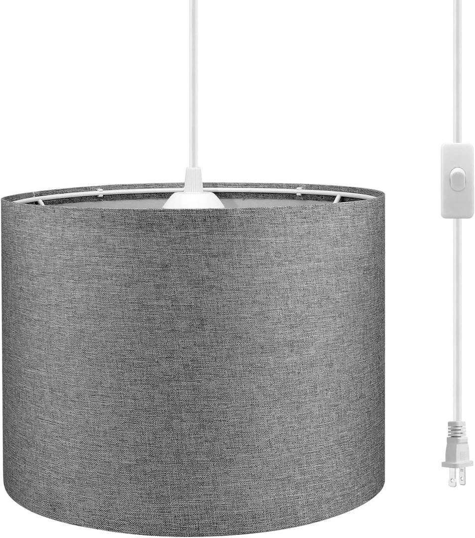 Plug in Pendant Light, 15 FT Hanging Lamp with Plug in Cord, On/Off Switch, Pendant Lighting with Fabric Shade, Hanging Light Fixture for Living Room, Bedroom, Dining Room, Kitchen (Gray)