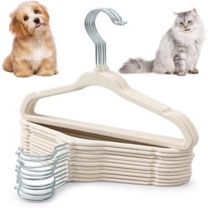 Weysat 24 Pcs Dog Clothes Hangers 11'' Non-Slip & 360 Swivel Velvet Small Pet Beige Hangers for Cats/Dogs with Rustproof Metal Hooks, Space-Saving for Home Storage & Grooming Salons Minimalism