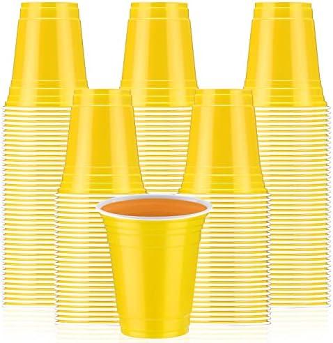 Sabary 100 Pack 12oz Plastic Cups Graduation Heavy Duty Drinking Disposable Cups with Lines for Beverage Holiday Camping Barbecues Birthday Party Outdoor Picnic(Yellow and White)