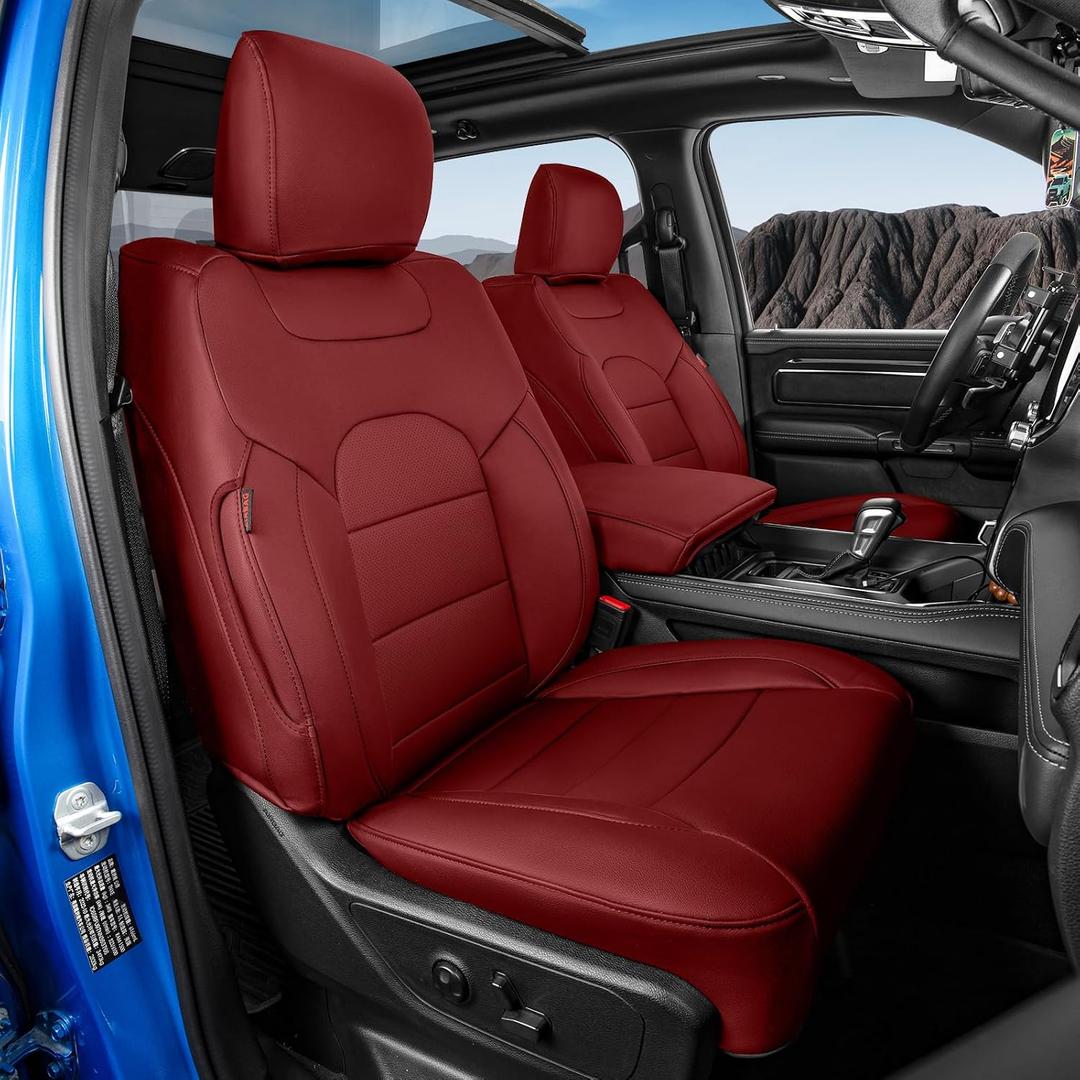 coverdream RAM Seat Covers Full Set for 2019-2026 Ram 1500 CrewCab Limited,Laramie Pickup,Rear 40/20/40 Split Backrest,Fully Covered,Waterproof Truck Leather Seat Protector(Wine Red)