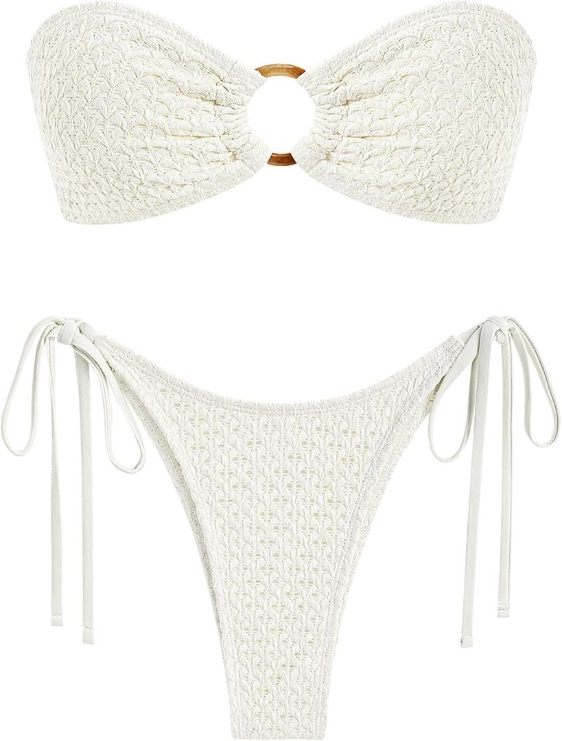 ZAFUL Women's Bandeau Bikini Strapless O Ring Lace Tie Back High Cut Two Piece Swimsuit Bathing Suits, S