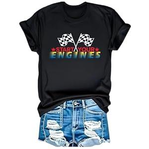 Racing Shirts for Women Checkered Flag T-Shirt Race Day Tee If You Ain't First You're Last Tee Top (Large)