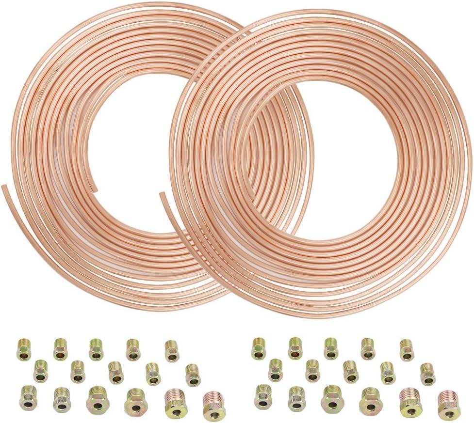 25 ft 3/16 Copper Coated Brake Line Kit Complete Replacement Brake or Fuel Tubing (Includes 16 x 2 Fittings), Easy to hand bend (.028) Wall Thickness, Rust Proof (2 kits)