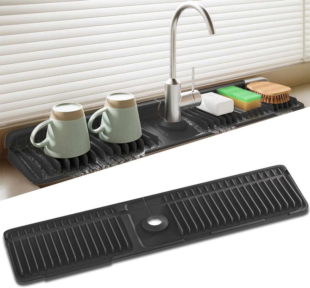 Faucet Mat for Kitchen Sink, 24 Inch Longer Silicone Sink Splash Guard, 7Slope Fast Self-draining, Fast Drying Tidy Faucet Mat Splash Guard (Black)