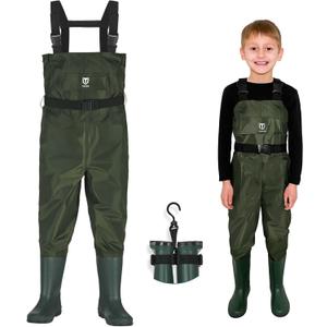 TIDEWE Chest Waders for Kids, Waterproof Youth Waders with Boot Hanger, Lightweight PVC Kids Waders with Boot for Fishing (6/7 Little Kid, Green)