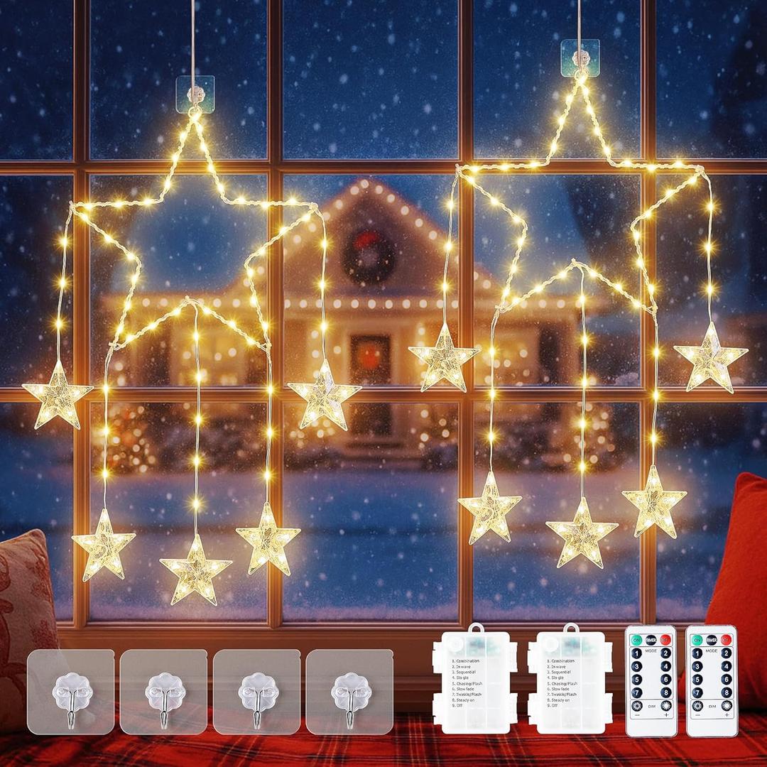 LED Christmas Window Lights,Hopolon 2Pack Hanging Star Lights,73 LED Christmas Star Light Xmas Light Twinkle for 8 Modes with Timer Memory for Indoor Outdoor Wall Holiday Glass Party Decor Warm White