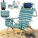 ALPOME Aluminum Backpack Low Profile Beach Chair - 5-Position Lay Flat Reclining Folding Chair with Removable Cooler Bag - Heavy Duty 330 lbs Capacity, Lightweight Portable Sand Seat - Striped Green