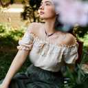 SCARLET DARKNESS Peasant Blouse for Women Off Shoulder Puff Sleeve Cotton Loose Summer Tops (Beige, S)