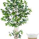 Warmplants Artificial Ficus Tree, 6ft Tall Silk Fake Ficus Leaves Plant with Basket, Indoor Outdoor Faux Greenery Tree for Home Garden Office House Livingroom Dcor