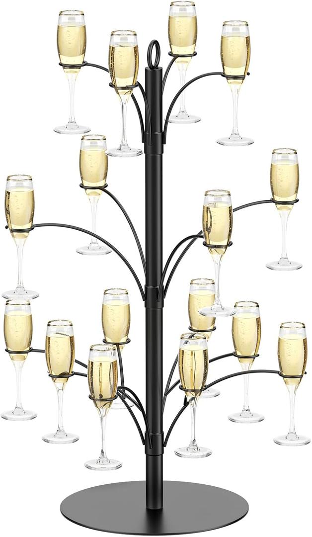 3-Tier 16-Holder Metal Cocktail Tree Stand, Champagne Tower for Glasses Wine Glass Holder Drink Tower, Heavy Duty Drink Stand for Martini Margarita Cups Weddings Parties