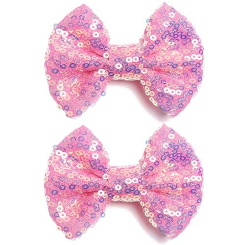 KISZU 3 Inch Glitter Hair Bows Clips, Sparkling Sequin Little Bow HairPins for Baby Girls Children Teens and Women (Pink Purple)