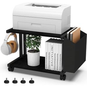 VEDECASA 2 Tier Black Printer Stand with Storage Bag for Home Office Desktop Printer Table Underdesk Organizer Mobile Printer Shelf with Caster Wheel (Black)