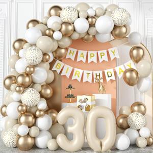 30th Birthday Decorations for Women Her White Sand Beige Gold Balloons Garland Arch Kit Cream Number Foil Balloon Happy Birthday Banner Boho Nude Metallic Champagne Gold Party Decor for 30 Years Old