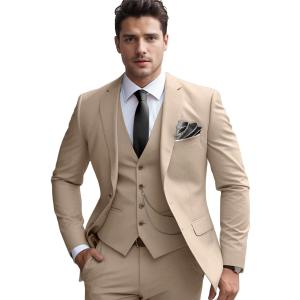 Men's Slim Fit Suit Set 3 Piece Suits for Men Regular Fit Solid Blazer for Business Wedding Prom with a Tie,Champagne,M Men's Slim Fit Suit Set 3 Piece Suits for Men Regular Fit Solid Blazer for Business Wedding Prom with a Tie,Champagne,M