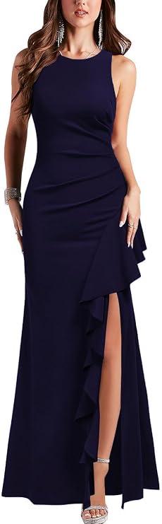 WOOSEA Women's Crew Neck Sleeveless Split Bodycon Mermaid Evening Cocktail Long Dress Navy Blue, Size Medium