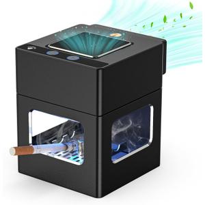 Intelligent HEPA Smokeless Ashtray Indoor with Lighter,USB Rechargeable Smoke Removing Ashtray for Home,Bedroom,Office,Car,Outdoor (Black-076)