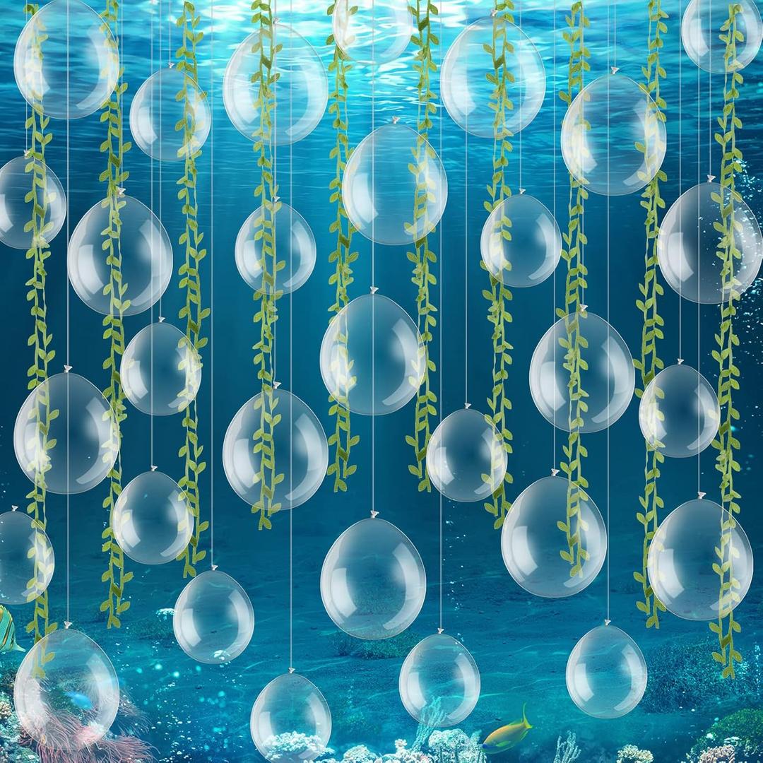 Honoson 100 Pcs Under the Sea Party Decorations Clear Balloons Under the Sea Bubble Garlands and Seaweed Kit Mermaid Birthday Decorations Hanging Streamer Underwater Backdrop Ocean Party Supplies