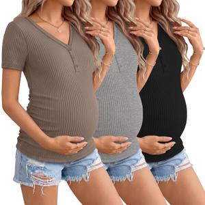3 Pack Womens Maternity Shirts Short Sleeve Cotton Ribbed V Neck Pregnancy Clothes Casual Henley Side Ruched Tees (Small, Light Coffee, Light Heather Gray, Black)