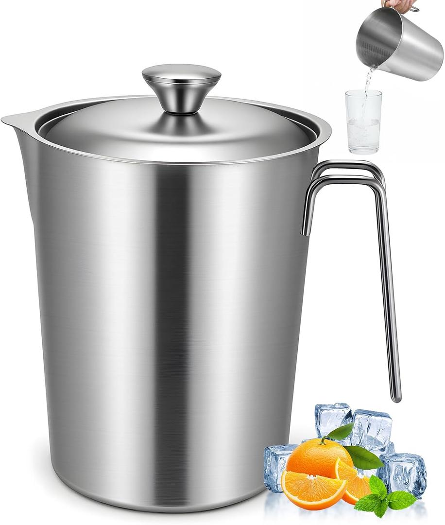 304 Stainless Steel Pitcher with Lid, 70 oz / 2L Measuring Cup | Large Mouth Graduated Beakers with Marking and Handle, Metal Milk Frothing Jug for Espresso Machine, Hot & Cold Water