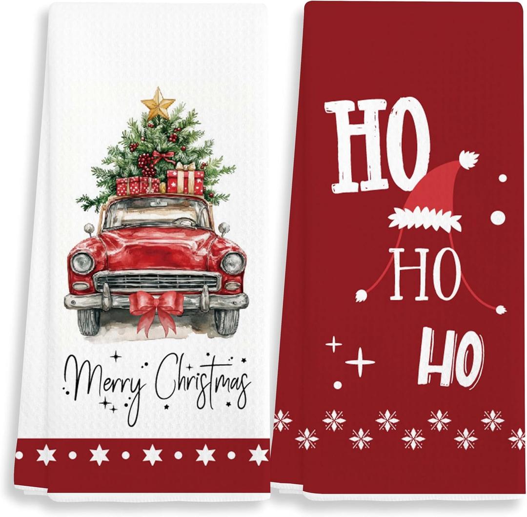 Christmas Decorative Kitchen Towels Set of 2, Merry Christmas Ho Ho Ho, Dish Towels, Christmas Ornaments, Hand Towels, 16x24 Inches, for Family, Friends, etc.(020)