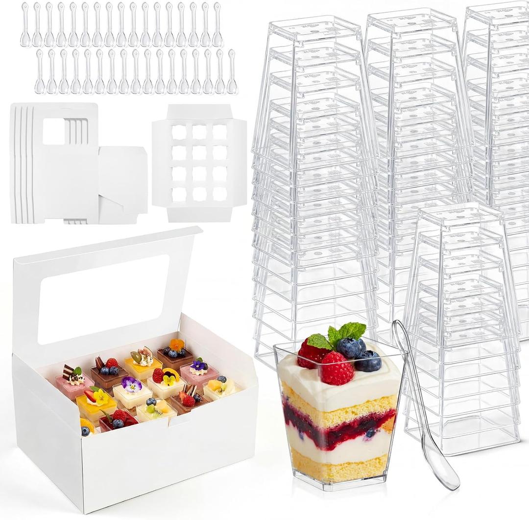Dessert Shooter Boxes Set Include Transport Boxes Square Mini Dessert Cups Spoons Cupcake Carriers Containers with Windows and Inserts for Bakery Party Supplies(5 oz,Clear,125 Pcs)