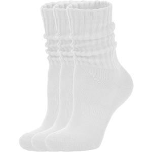 Women's Scrunch Crew Socks Retro 3-Pack Solid Cotton Boot Calf Socks Chunky Ribbed Cozy Slouchy Socks Size 5-11 (One Size, 3 Pack White)