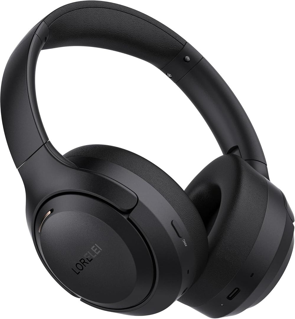 LORELEI QC60 Hybrid Active Noise Cancenlling Headphones,Wireless Over Ear Bluetooth Headsets with Microphone, 60H Playtime Foldable Lightweight, Deep Bass, Memory Earmuffs, for Travel Home Office (Space Black)