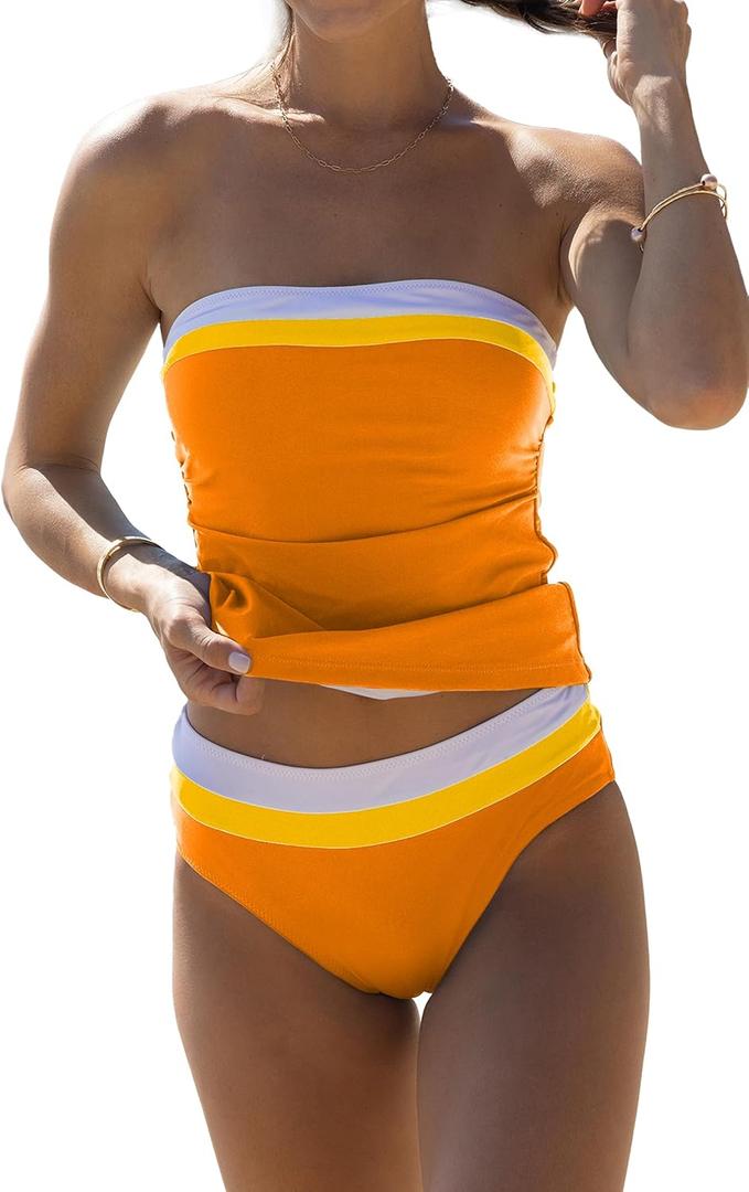 Beachsissi Bandeau Swimsuits for Women Strapless Swimwear Bathing Suits Tummy Control Color Block Tankini Sets (Medium, Orange)