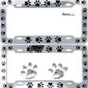 Animal Black Paws Print Design License Plate Frame, Pet Dog Cat, Set of 2 with 2pcs 3D Chrome Dog Paw Footprint Sticker Decal