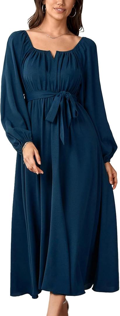 SCOMCHIC Maxi Dresses for Women Long Sleeve Square Neck Wedding Guest Cocktail Belted Elegant Flowy A Line Long Dress Blue Large