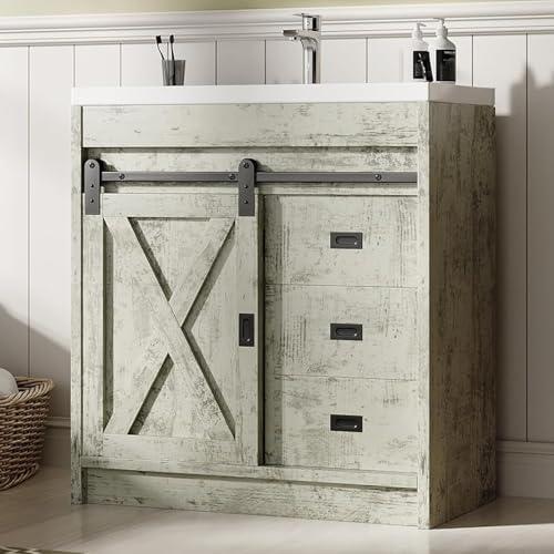 Carrara White Engineered StoneTop Farmhouse Bathroom Vanity, Vanity with Ceramic Sink, Bathroom Vanity Cabinet with 2 Drawers & Sliding Barn Door, Small Bath Storage Vanity Sink Set with Metal Handles, Grey  Size 42"x22"x34"