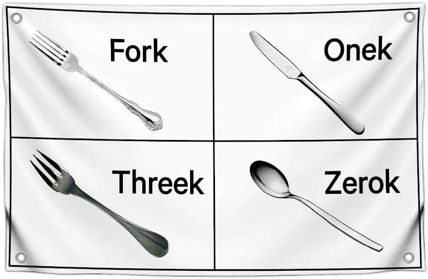 3x5 Ft Single Sided Polyester Flag with Four Brass Grommets - "Fork, Onek, Threek, Zerok" - Meme Poster for College Dorm Boys - Funny Cutlery Chart Banner Tapestry for Garden Decor Use