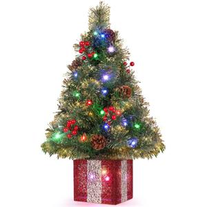 Mini Christmas Tree with Lights, 2 Foot Tabletop Christmas Trees with Gift Box Base&Ornaments, Easy Setup Artificial Xmas Trees, Twinkling Tiny Christmas Tree Battery Powered for Bedroom