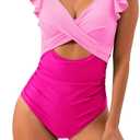 B2prity Women's One Piece Swimsuit Ruffle Cutout Bathing Suits Slimming Tummy Control V Neck Wrap Swimwear (Large, Pink Color Block)
