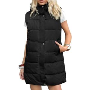 Gihuo Women's Long Puffer Vest Winter Quilted Hooded Sleeveless Zip Up Long Jacket Vest Gilet (Color: Black) (Size: Small)
