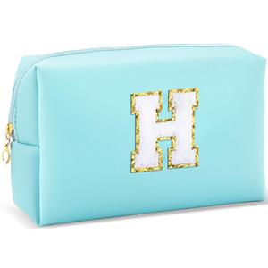 URSKYTOUS Gifts for Girls Initial Makeup Bag Personalized Cosmetic Bag with Zipper Cute Travel Toiletry Bag Waterproof PU Preppy Makeup Pouch Birthday Gift for Teen Girls Women(Blue H)