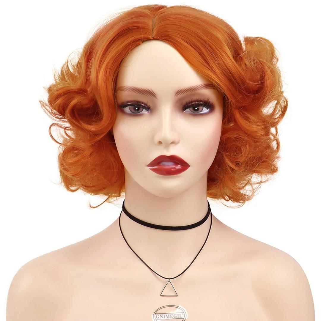GNIMEGIL Short Orange Wig Layered Wavy Curly Wigs for Women Cosplay Carnival Party Synthetic Hair Halloween Costume Wigs